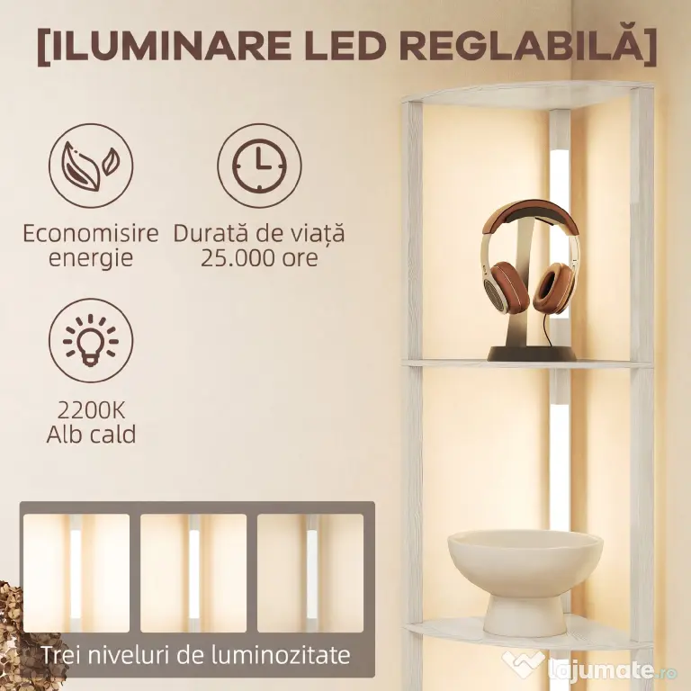 HOMCOM Lampadar Podea LED, 4 Rafturi, Lumină Reglabilă 3000K, MDF, 41x29,5x163,5 cm, Stejar | Aosom Romania