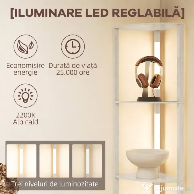 HOMCOM Lampadar Podea LED, 4 Rafturi, Lumină Reglabilă 3000K, MDF, 41x29,5x163,5 cm, Stejar | Aosom Romania