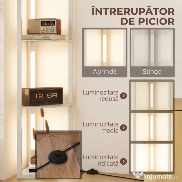 HOMCOM Lampadar Podea LED, 4 Rafturi, Lumină Reglabilă 3000K, MDF, 41x29,5x163,5 cm, Stejar | Aosom Romania
