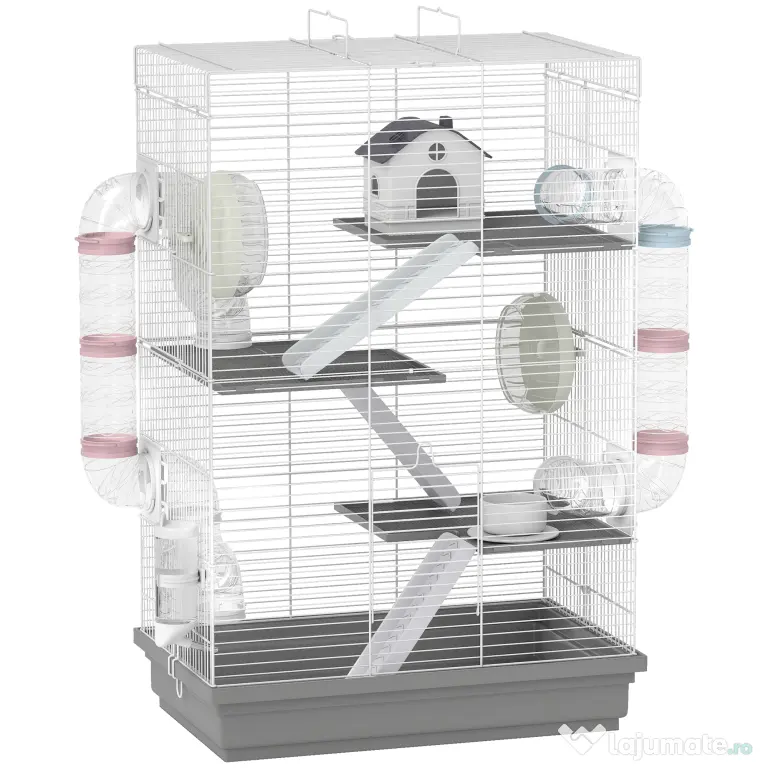 PawHut Cușcă pentru Hamsteri pe 4 Niveluri cu 16 Tuburi, Căsuță, Rampă, Boluri, Rezervor de Apă și Tăviță Antipicurare, Cușcă din Metal și Plastic, 47x30x70 cm, Gri | Aosom Romania