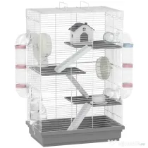 PawHut Cușcă pentru Hamsteri pe 4 Niveluri cu 16 Tuburi, Căsuță, Rampă, Boluri, Rezervor de Apă și Tăviță Antipicurare, Cușcă din Metal și Plastic, 47x30x70 cm, Gri | Aosom Romania