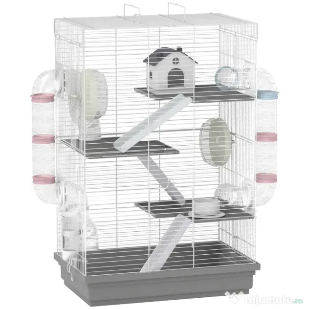 PawHut Cușcă pentru Hamsteri pe 4 Niveluri cu 16 Tuburi, Căsuță, Rampă, Boluri, Rezervor de Apă și Tăviță Antipicurare, Cușcă din Metal și Plastic, 47x30x70 cm, Gri | Aosom Romania