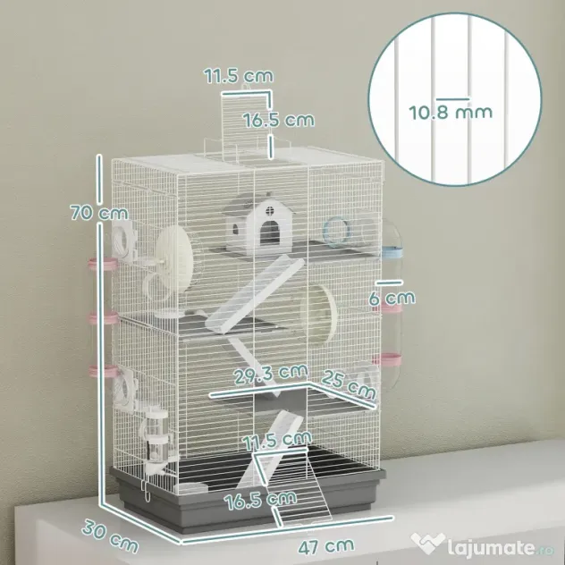PawHut Cușcă pentru Hamsteri pe 4 Niveluri cu 16 Tuburi, Căsuță, Rampă, Boluri, Rezervor de Apă și Tăviță Antipicurare, Cușcă din Metal și Plastic, 47x30x70 cm, Gri | Aosom Romania
