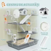 PawHut Cușcă pentru Hamsteri pe 4 Niveluri cu 16 Tuburi, Căsuță, Rampă, Boluri, Rezervor de Apă și Tăviță Antipicurare, Cușcă din Metal și Plastic, 47x30x70 cm, Gri | Aosom Romania 