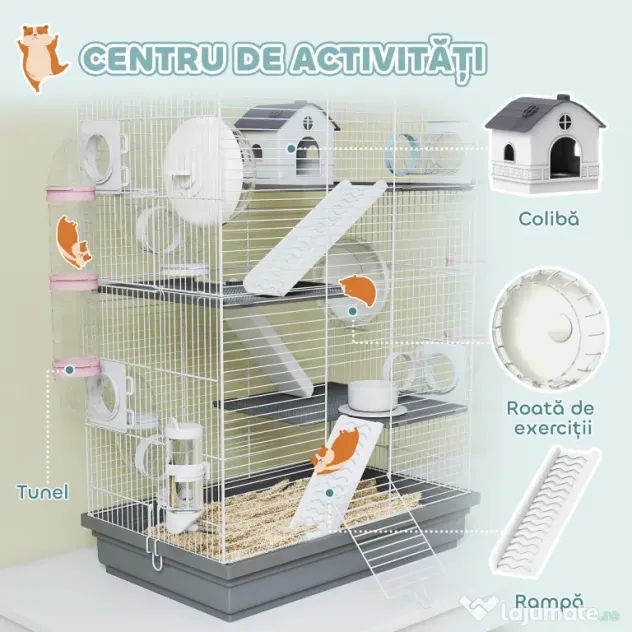 PawHut Cușcă pentru Hamsteri pe 4 Niveluri cu 16 Tuburi, Căsuță, Rampă, Boluri, Rezervor de Apă și Tăviță Antipicurare, Cușcă din Metal și Plastic, 47x30x70 cm, Gri | Aosom Romania