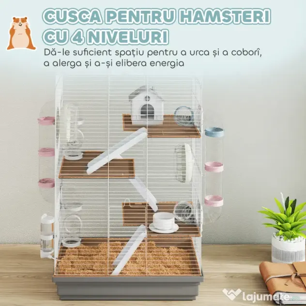 PawHut Cușcă pentru Hamsteri pe 4 Niveluri cu 16 Tuburi, Căsuță, Rampă, Boluri, Rezervor de Apă și Tăviță Antipicurare, Cușcă din Metal și Plastic, 47x30x70 cm, Gri | Aosom Romania
