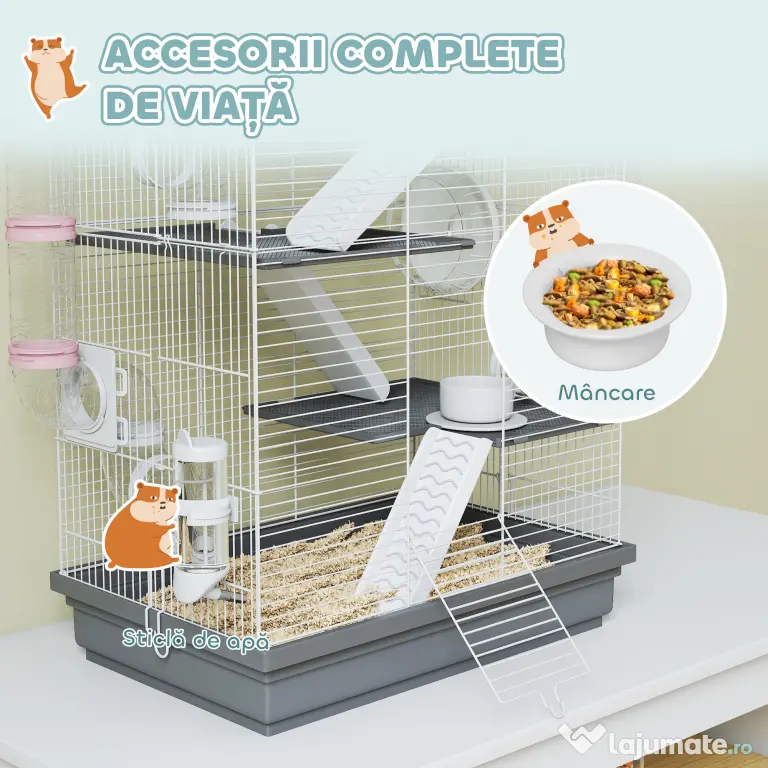 PawHut Cușcă pentru Hamsteri pe 4 Niveluri cu 16 Tuburi, Căsuță, Rampă, Boluri, Rezervor de Apă și Tăviță Antipicurare, Cușcă din Metal și Plastic, 47x30x70 cm, Gri | Aosom Romania