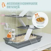 PawHut Cușcă pentru Hamsteri pe 4 Niveluri cu 16 Tuburi, Căsuță, Rampă, Boluri, Rezervor de Apă și Tăviță Antipicurare, Cușcă din Metal și Plastic, 47x30x70 cm, Gri | Aosom Romania 