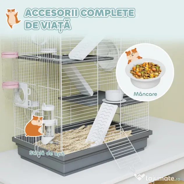 PawHut Cușcă pentru Hamsteri pe 4 Niveluri cu 16 Tuburi, Căsuță, Rampă, Boluri, Rezervor de Apă și Tăviță Antipicurare, Cușcă din Metal și Plastic, 47x30x70 cm, Gri | Aosom Romania