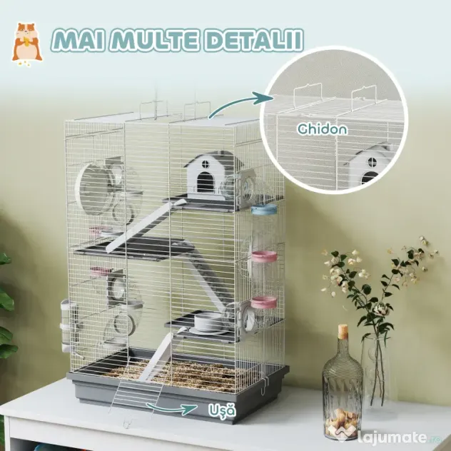 PawHut Cușcă pentru Hamsteri pe 4 Niveluri cu 16 Tuburi, Căsuță, Rampă, Boluri, Rezervor de Apă și Tăviță Antipicurare, Cușcă din Metal și Plastic, 47x30x70 cm, Gri | Aosom Romania