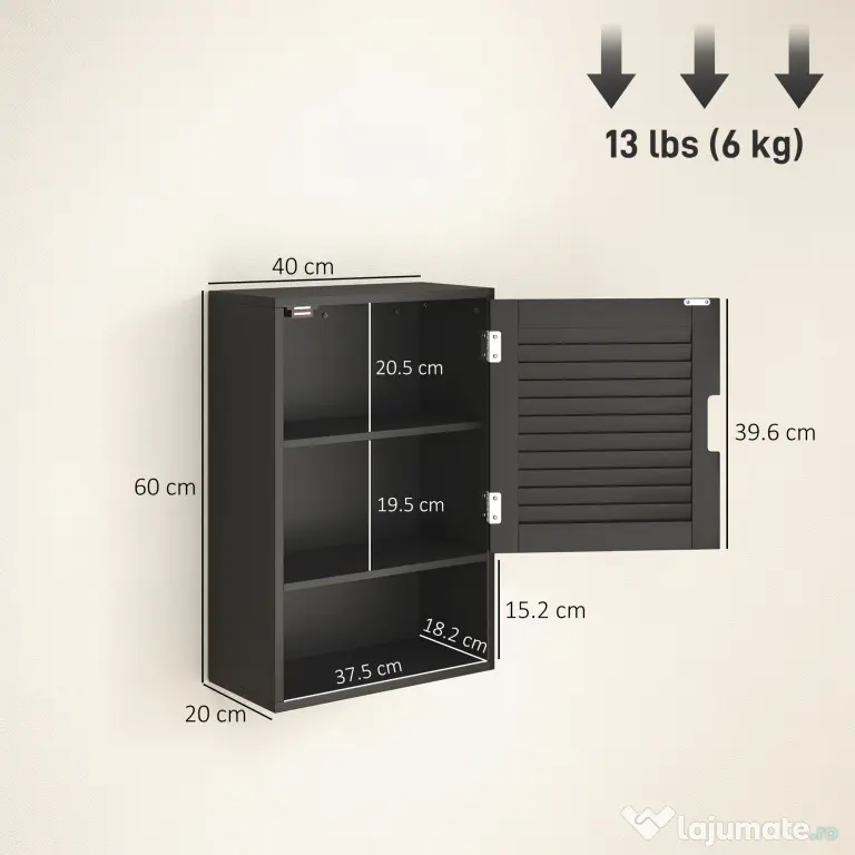 HOMCOM Dulap de Baie, Dulap Suspendat cu Rafturi Reglabile, 40 x 20 x 60 cm, Negru | Aosom Romania