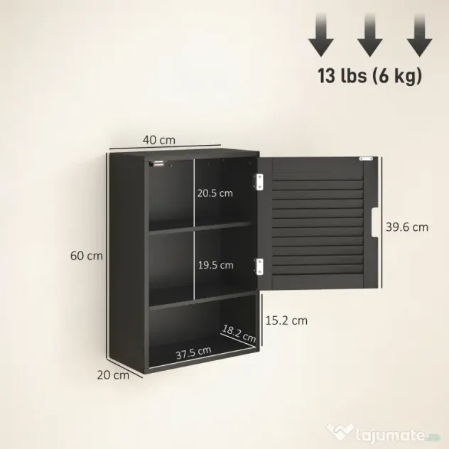 HOMCOM Dulap de Baie, Dulap Suspendat cu Rafturi Reglabile, 40 x 20 x 60 cm, Negru | Aosom Romania
