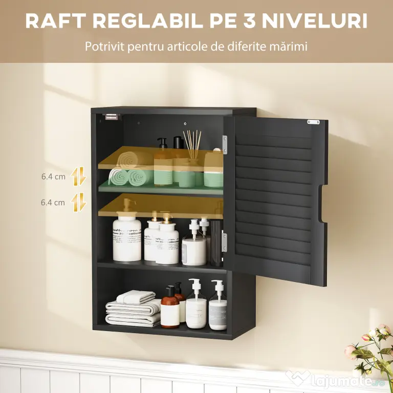 HOMCOM Dulap de Baie, Dulap Suspendat cu Rafturi Reglabile, 40 x 20 x 60 cm, Negru | Aosom Romania