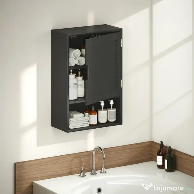 HOMCOM Dulap de Baie, Dulap Suspendat cu Rafturi Reglabile, 40 x 20 x 60 cm, Negru | Aosom Romania