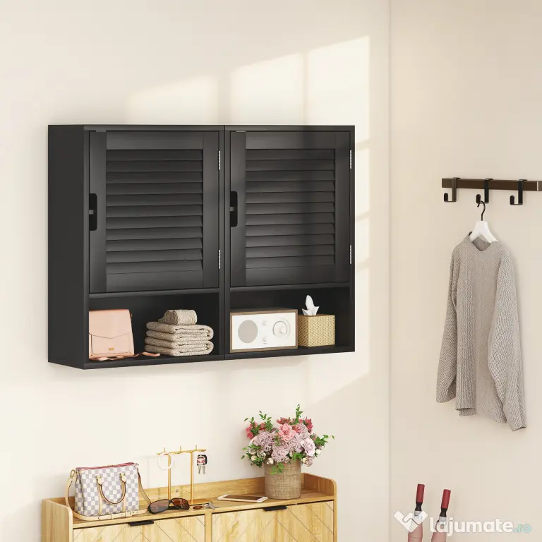 HOMCOM Dulap de Baie, Dulap Suspendat cu Rafturi Reglabile, 40 x 20 x 60 cm, Negru | Aosom Romania