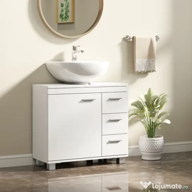 HOMCOM Dulap Sub Lavoar pentru Baie cu Ușă Amortizată și 3 Sertare, Decupaj în Formă de U și Rafturi, Dulap Modern și Compact pentru Lavoare cu Piedestal sau Fără, Alb | Aosom Romania