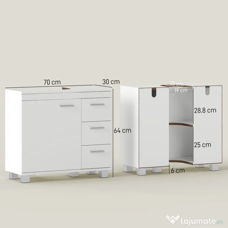 HOMCOM Dulap Sub Lavoar pentru Baie cu Ușă Amortizată și 3 Sertare, Decupaj în Formă de U și Rafturi, Dulap Modern și Compact pentru Lavoare cu Piedestal sau Fără, Alb | Aosom Romania