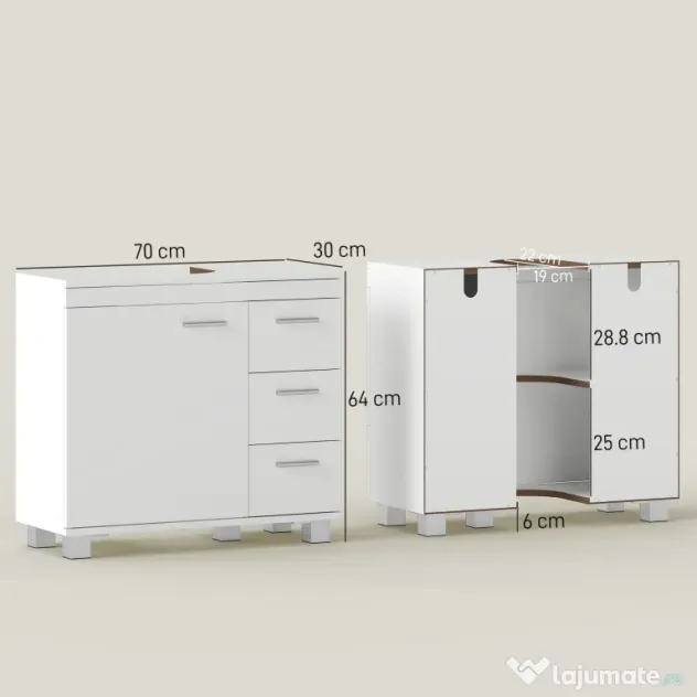 HOMCOM Dulap Sub Lavoar pentru Baie cu Ușă Amortizată și 3 Sertare, Decupaj în Formă de U și Rafturi, Dulap Modern și Compact pentru Lavoare cu Piedestal sau Fără, Alb | Aosom Romania