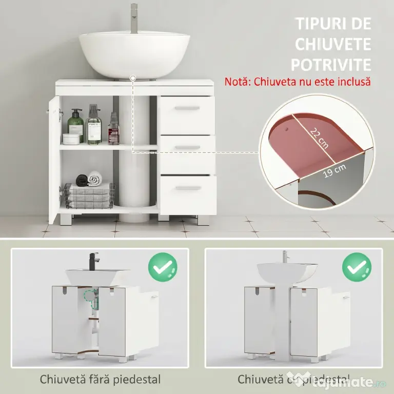 HOMCOM Dulap Sub Lavoar pentru Baie cu Ușă Amortizată și 3 Sertare, Decupaj în Formă de U și Rafturi, Dulap Modern și Compact pentru Lavoare cu Piedestal sau Fără, Alb | Aosom Romania