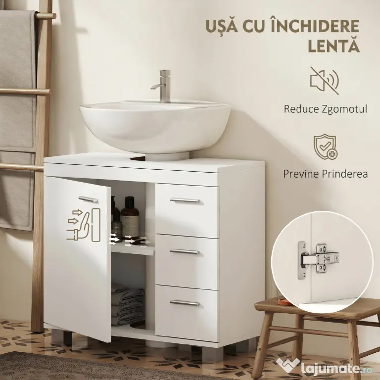 HOMCOM Dulap Sub Lavoar pentru Baie cu Ușă Amortizată și 3 Sertare, Decupaj în Formă de U și Rafturi, Dulap Modern și Compact pentru Lavoare cu Piedestal sau Fără, Alb | Aosom Romania
