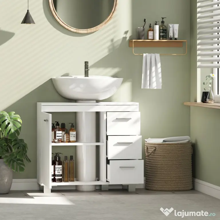HOMCOM Dulap Sub Lavoar pentru Baie cu Ușă Amortizată și 3 Sertare, Decupaj în Formă de U și Rafturi, Dulap Modern și Compact pentru Lavoare cu Piedestal sau Fără, Alb | Aosom Romania