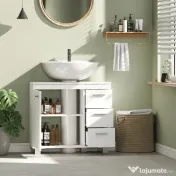 HOMCOM Dulap Sub Lavoar pentru Baie cu Ușă Amortizată și 3 Sertare, Decupaj în Formă de U și Rafturi, Dulap Modern și Compact pentru Lavoare cu Piedestal sau Fără, Alb | Aosom Romania 