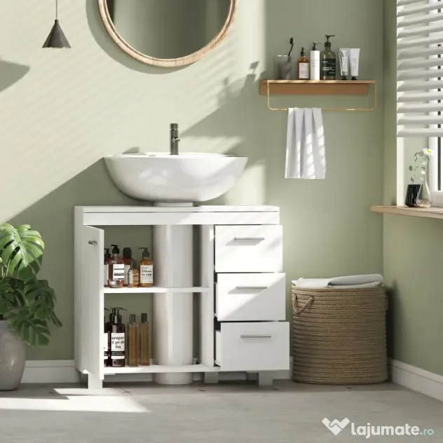 HOMCOM Dulap Sub Lavoar pentru Baie cu Ușă Amortizată și 3 Sertare, Decupaj în Formă de U și Rafturi, Dulap Modern și Compact pentru Lavoare cu Piedestal sau Fără, Alb | Aosom Romania