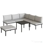 Outsunny Set Mobilier Grădină Metal 6 Persoane, Canapea de Colț cu Perne, Gri Deschis