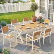 Outsunny Set Masă și Scaune de Grădină 7 Piese, Set Prânz Exterior din Aluminiu cu 6 Scaune Stivuibile, Masă cu Șipci Imitatie Lemn, pentru Terasă, Balcon, Patio, Teak | Aosom Romania