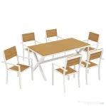 Outsunny Set Masă și Scaune de Grădină 7 Piese, Set Prânz Exterior din Aluminiu cu 6 Scaune Stivuibile, Masă cu Șipci Imitatie Lemn, pentru Terasă, Balcon, Patio, Teak