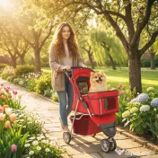 PawHut Cărucior Pliabil pentru Câini Mici, cu Suport pentru Pahar și Coș de Depozitare, până la 10 kg, Roșu | Aosom Romania 
