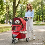 PawHut Cărucior Pliabil pentru Câini Mici, cu Suport pentru Pahar și Coș de Depozitare, până la 10 kg, Roșu | Aosom Romania 