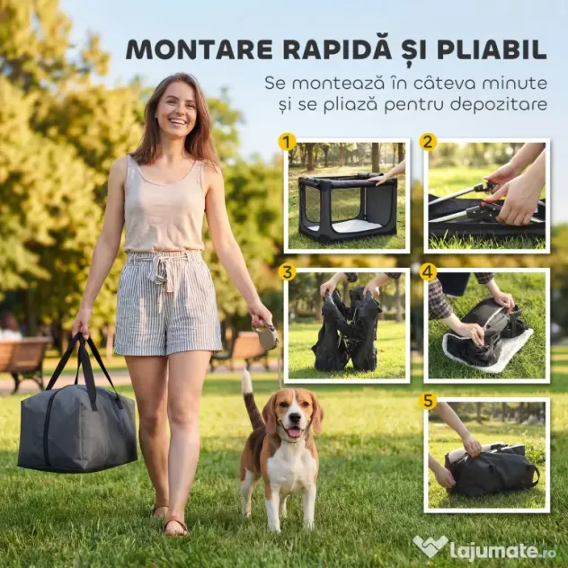 PawHut Cușcă de Transport Pliabilă pentru Câini și Pisici cu Pernă, Husă Lavabilă, Uși, din Oxford Respirabil 600D, 76x54x54 cm, Verde | Aosom Romania