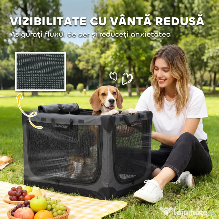PawHut Cușcă de Transport Pliabilă pentru Câini și Pisici cu Pernă, Husă Lavabilă, Uși, din Oxford Respirabil 600D, 76x54x54 cm, Verde | Aosom Romania