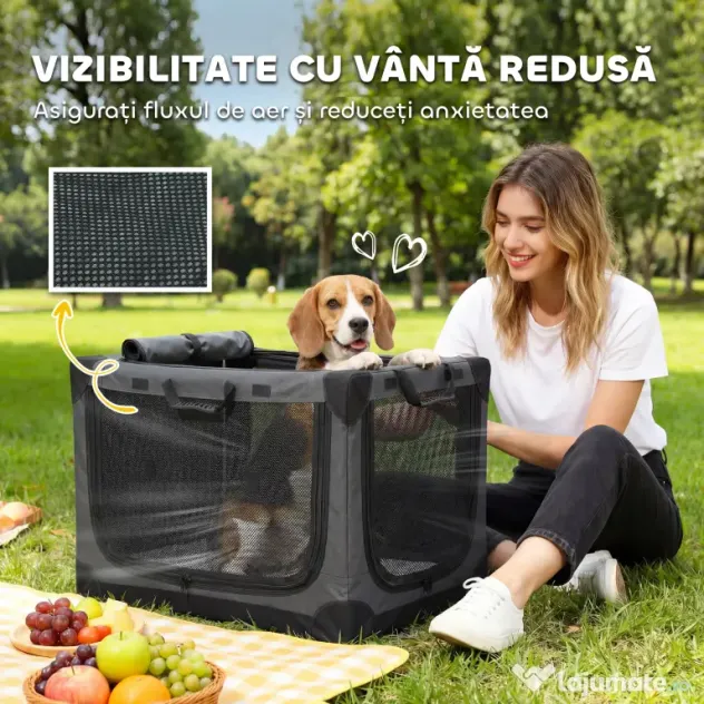 PawHut Cușcă de Transport Pliabilă pentru Câini și Pisici cu Pernă, Husă Lavabilă, Uși, din Oxford Respirabil 600D, 76x54x54 cm, Verde | Aosom Romania