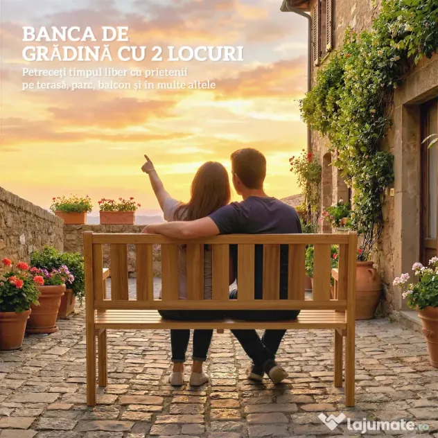 Outsunny Bancă de Grădină pentru 2 Persoane, Bancă de Exterior cu Lamele din Lemn de Molid, Stil Country, Bancă pentru Terasă, Patio și Curte, 150x57x93 cm, Culoare Teak | Aosom Romania