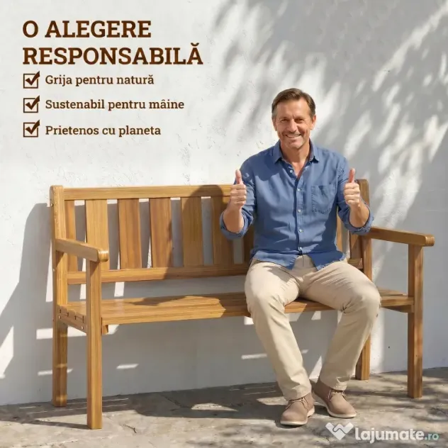 Outsunny Bancă de Grădină pentru 2 Persoane, Bancă de Exterior cu Lamele din Lemn de Molid, Stil Country, Bancă pentru Terasă, Patio și Curte, 150x57x93 cm, Culoare Teak | Aosom Romania