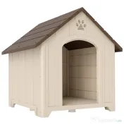 PawHut Căsuță pentru Câini de Exterior, Talie Mare și XL, Adăpost din Plastic Impermeabil cu Bază Ridicată, Ferestre și Acoperiș Înclinat pentru Grădină, Terasă, Curte, 102x94x103 cm, Bej | Aosom Romania 