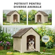 PawHut Căsuță pentru Câini de Exterior, Talie Mare și XL, Adăpost din Plastic Impermeabil cu Bază Ridicată, Ferestre și Acoperiș Înclinat pentru Grădină, Terasă, Curte, 102x94x103 cm, Bej | Aosom Romania 