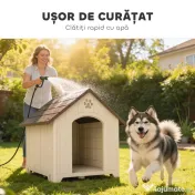 PawHut Căsuță pentru Câini de Exterior, Talie Mare și XL, Adăpost din Plastic Impermeabil cu Bază Ridicată, Ferestre și Acoperiș Înclinat pentru Grădină, Terasă, Curte, 102x94x103 cm, Bej | Aosom Romania 