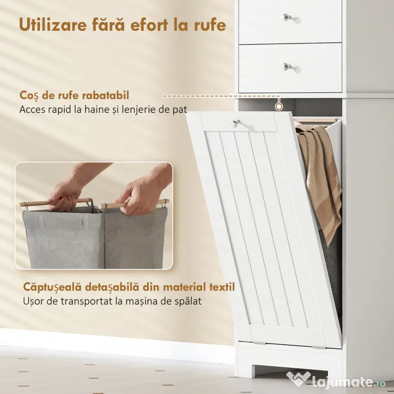 HOMCOM Dulap Baie Înalt și Îngust cu Coș pentru Rufe Înclinabil, Culoare Alb. | Aosom Romania