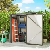 Outsunny Căsuță de Grădină 0.92m² din Oțel Galvanizat, Căsuță pentru Unelte cu Ușă Blocabilă și Acoperiș Înclinat, 100x104x160 cm, Maro și Gri Închis | Aosom Romania