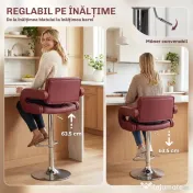 HOMCOM Scaun de Bar cu Înălțime Reglabilă, Scaun de Bucătărie Înalt din PU cu Spătar, Suport pentru Picioare, Cotiere și Șezut Confortabil, Structură Metalică, Rotativ la 360°, pentru Insulă, Roșu Vin | Aosom Romania 