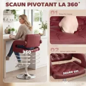 HOMCOM Scaun de Bar cu Înălțime Reglabilă, Scaun de Bucătărie Înalt din PU cu Spătar, Suport pentru Picioare, Cotiere și Șezut Confortabil, Structură Metalică, Rotativ la 360°, pentru Insulă, Roșu Vin | Aosom Romania 