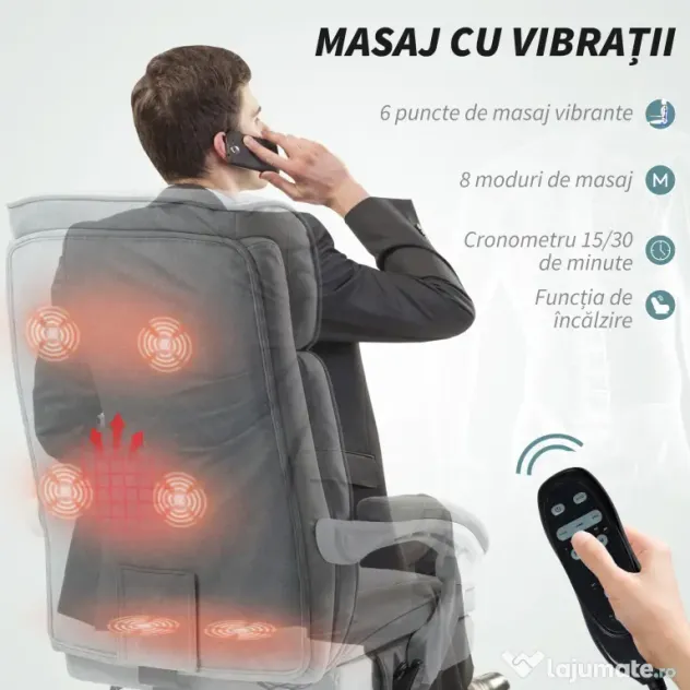HOMCOM Scaun de Birou Masaj cu 6 Puncte, Încălzire și Suport pentru Picioare, Scaun Ergonomic Rabatabil Rotativ din Stofă Tip In Respirabil cu Telecomandă și Înălțime Reglabilă, Gri | Aosom Romania