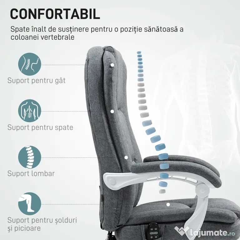 HOMCOM Scaun de Birou Masaj cu 6 Puncte, Încălzire și Suport pentru Picioare, Scaun Ergonomic Rabatabil Rotativ din Stofă Tip In Respirabil cu Telecomandă și Înălțime Reglabilă, Gri | Aosom Romania