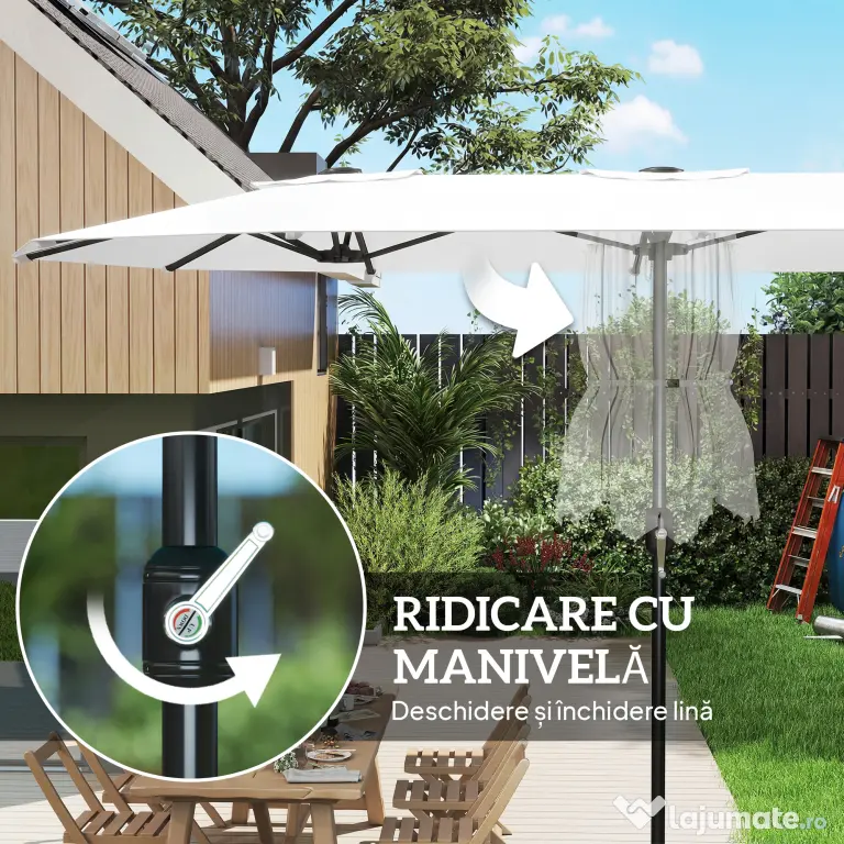Outsunny Umbrelă Dublă de Grădină 4.6x2.7 m, Umbrelă de Exterior cu Manivelă, Husă Protectoare, 12 Spițe, Anti UV 50+, pentru Terasă Balcon Piscină Grădină, Alb | Aosom Romania
