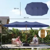 Outsunny Umbrelă Dublă de Grădină 4.7x2.8 m, Umbrelă de Exterior cu Manivelă, Bază Cruce, Saci de Nisip, Husă de Protecție, 12 Spițe, Anti-UV, pentru Terasă și Balcon, Albastru Închis | Aosom Romania 