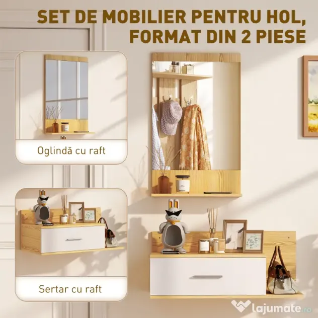 HOMCOM Set de Intrare cu Oglindă cu Raft și Dulap Suspendat cu Sertar și 2 Rafturi Deschise, din Lemn și Sticlă | Aosom Romania