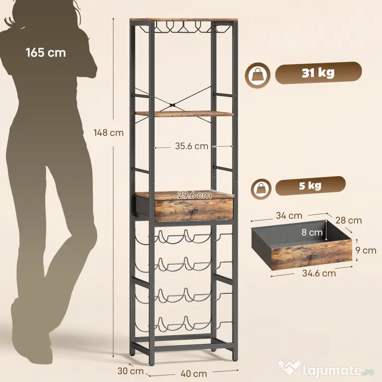 HOMCOM Dulap de Bar, Mobilier de Bar cu Sertar și Suport pentru Pahare, Maro Rustic | Aosom Romania